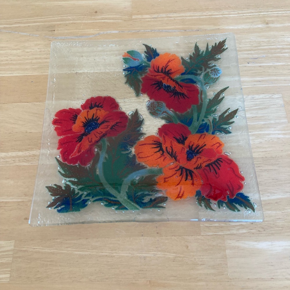 Peggy Karr fused glass orange Poppy flower plate